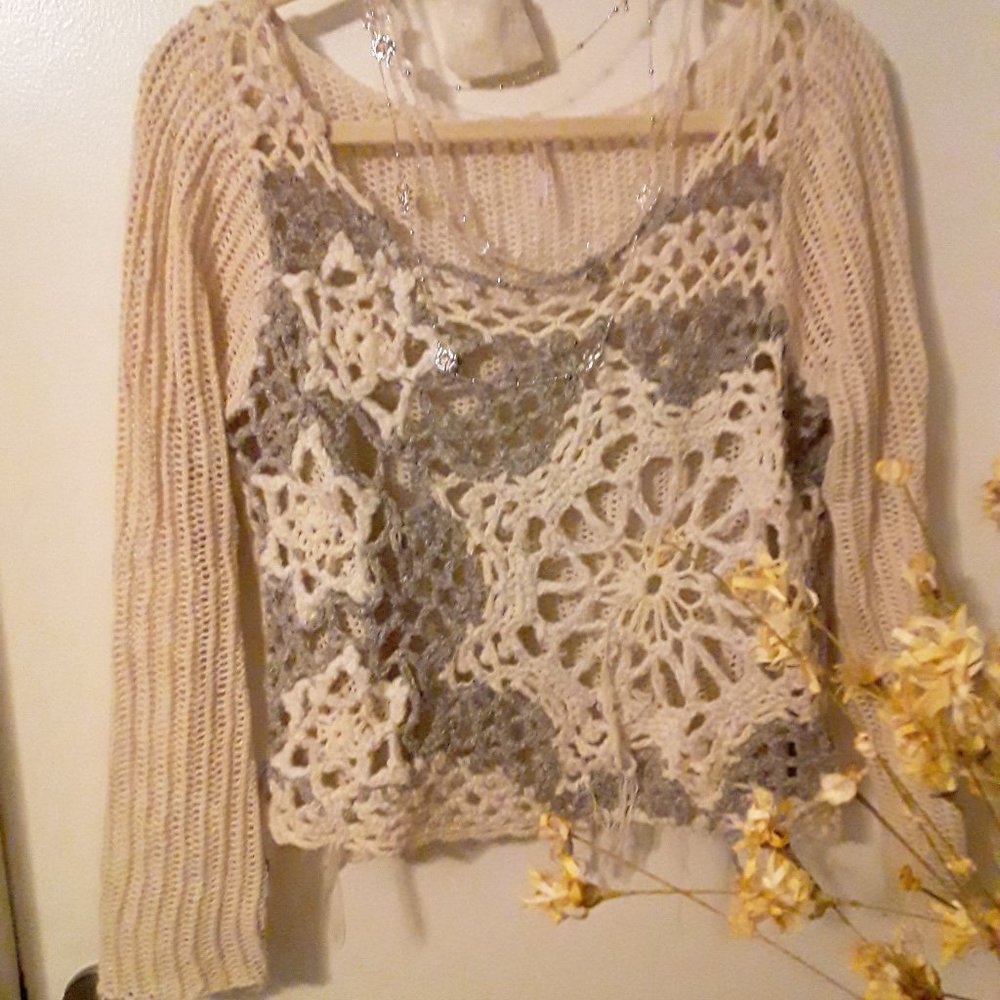 (2) Free People Ivory/Gray Crochet Sweater Sz M